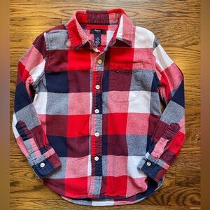 Gap Boys Red, Navy, White Flannel Plaid Long Sleeve Fall/ Winter Button Shirt 6